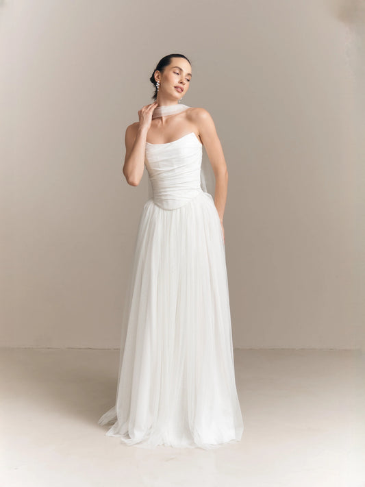 Ivory floor-length wedding dress, alternate view showing the bodice and skirt