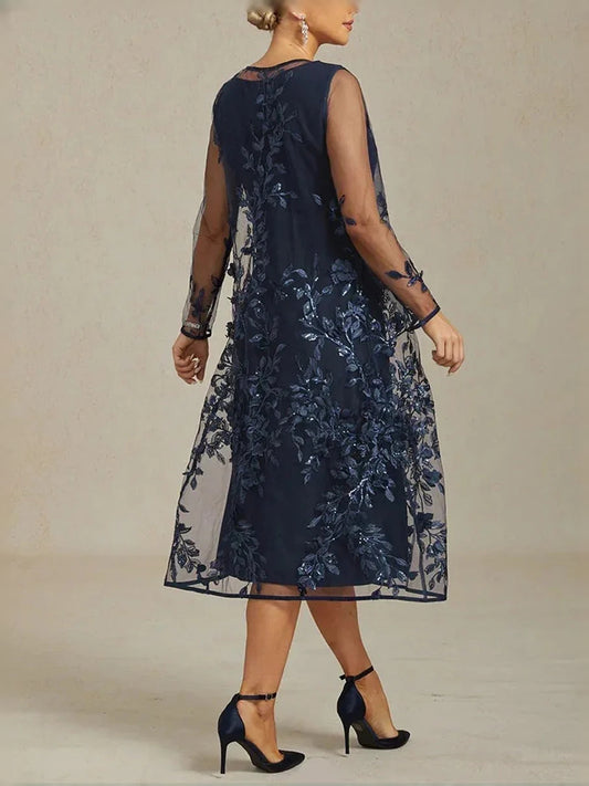Dark Blue knee-length mother of the bride dress, alternate view showing the bodice and skirt