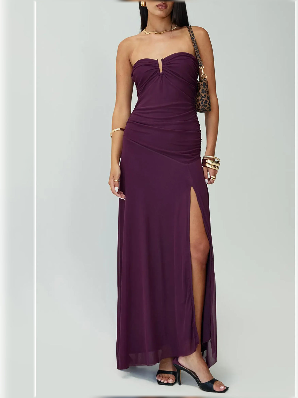 Purple bodycon floor-length formal dress with skirt slit, alternate view