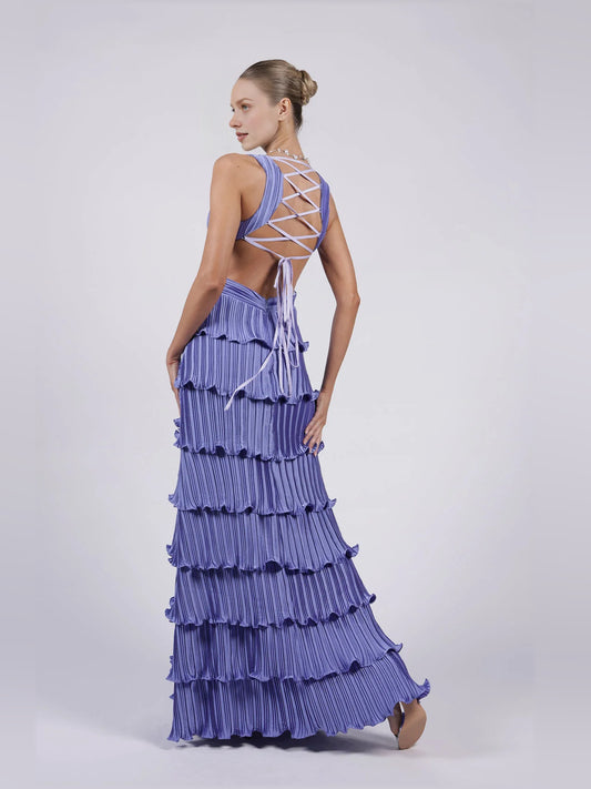 Purple a-line floor-length formal dress with pleated skirt, alternate view