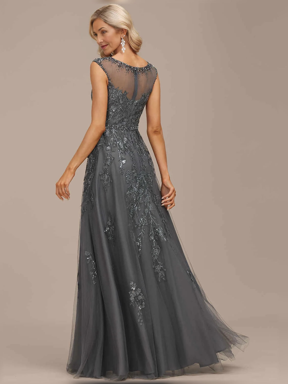 Steel Grey maxi mother of the bride dress, alternate view showing the bodice and skirt