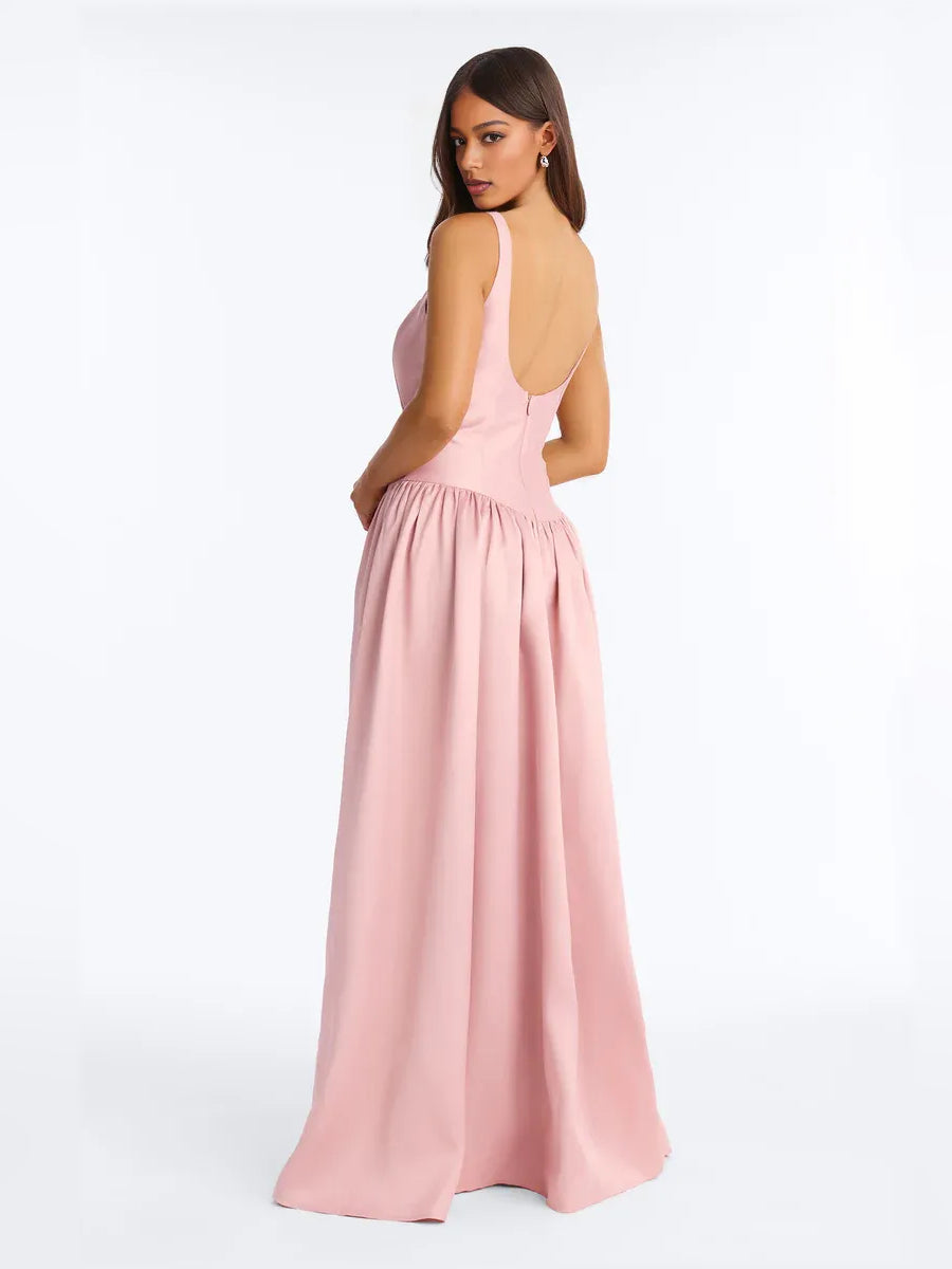 Pink a-line floor-length formal dress with corset-style bodice, alternate view