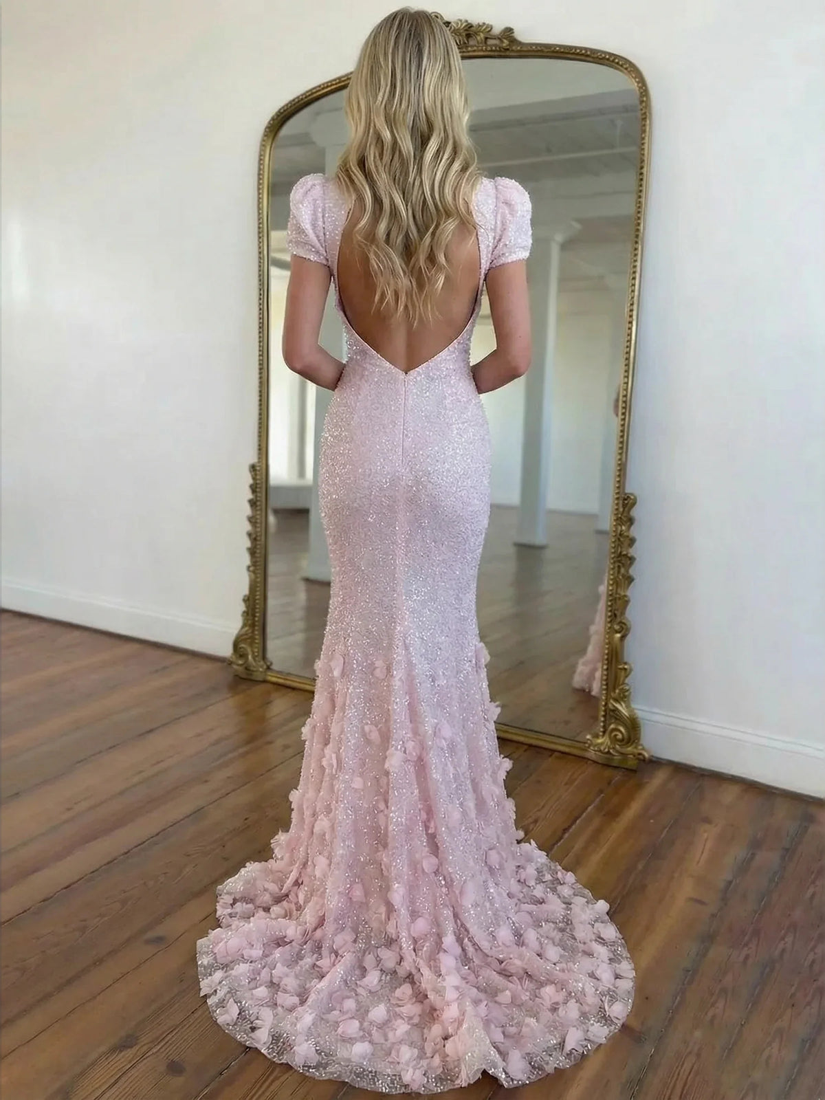 Pink maxi prom dress, alternate view showing the bodice and skirt