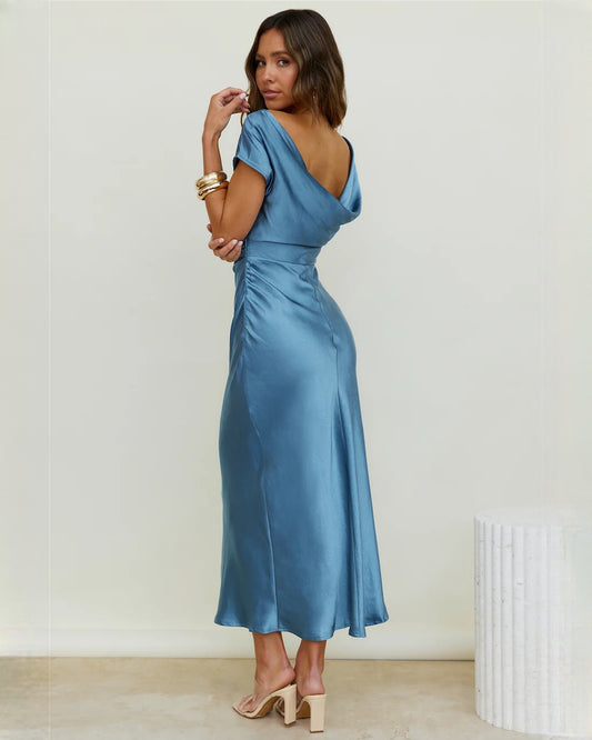 sleeveless satin a-line maxi bridesmaid dress - image 2