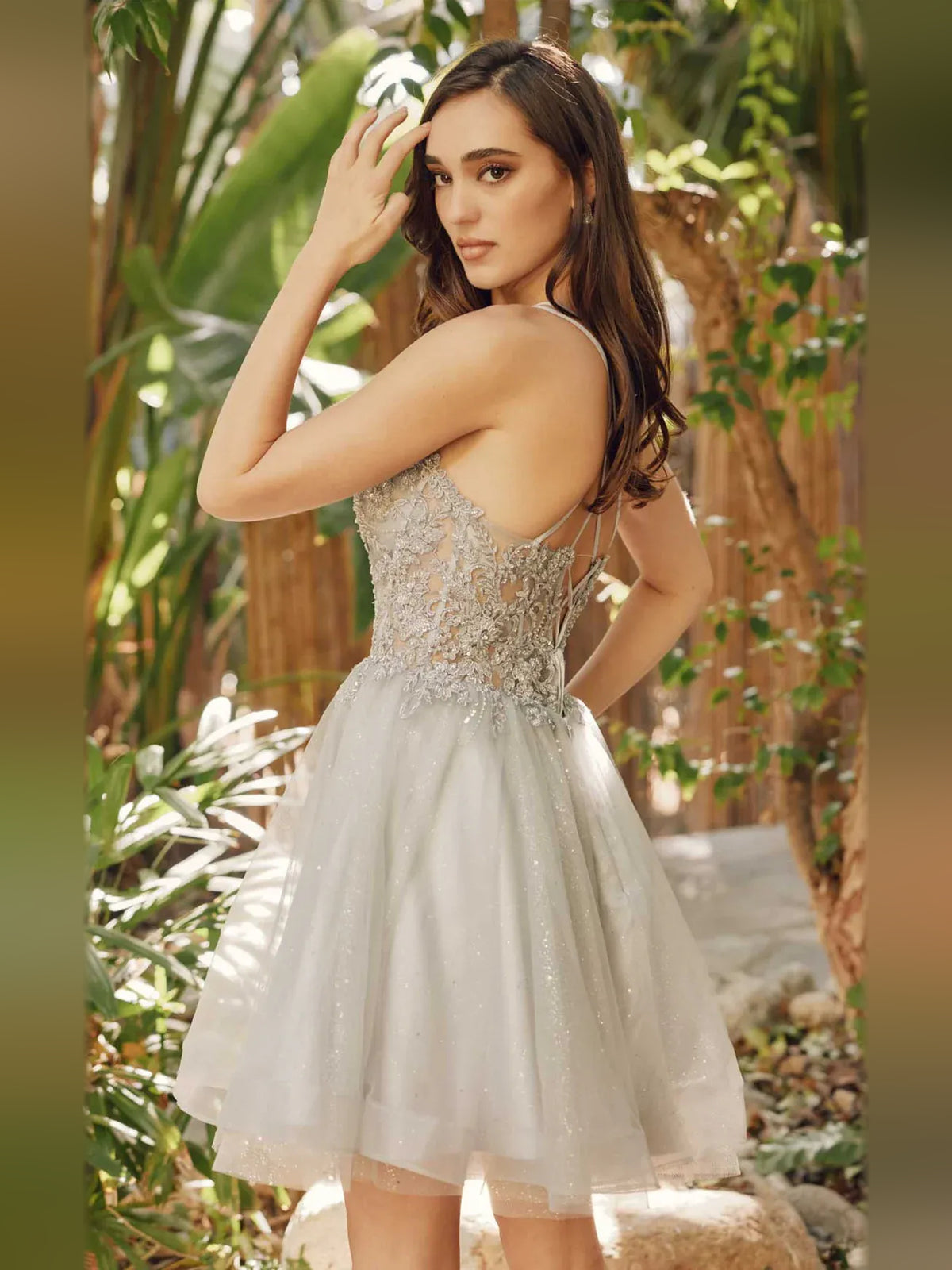 Silver short homecoming dress, back view showing the rear of the dress