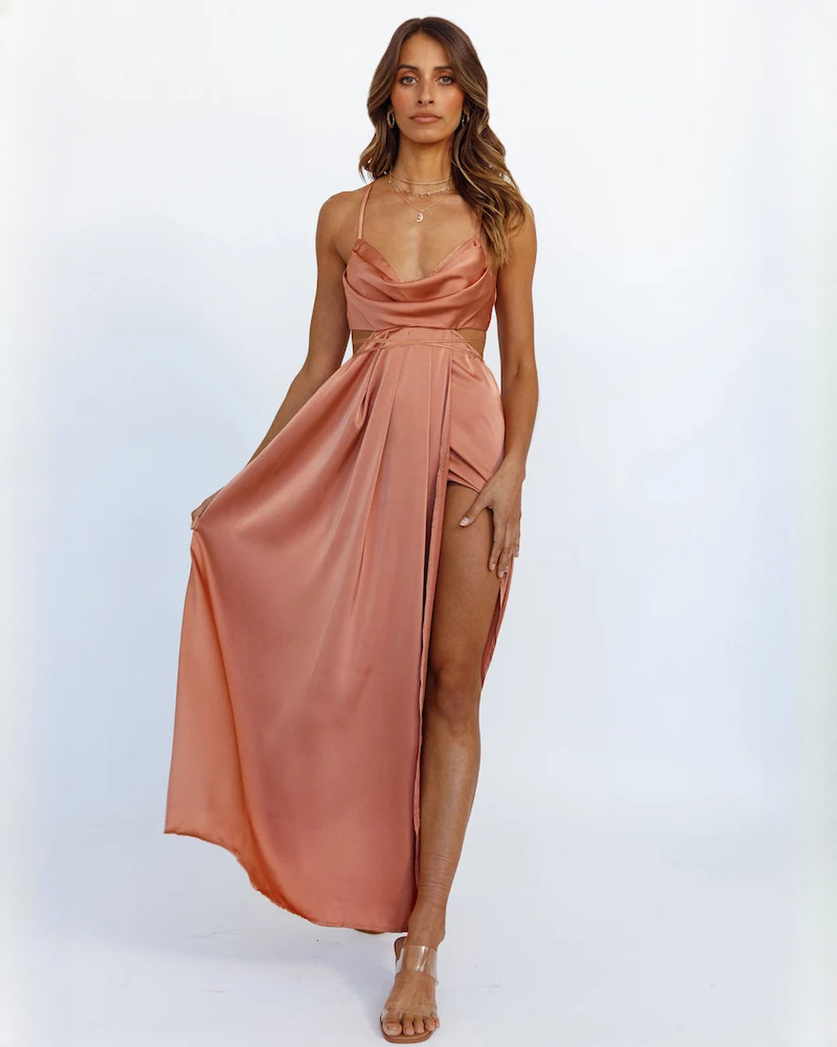 sleeveless satin a-line maxi bridesmaid dress - image 2