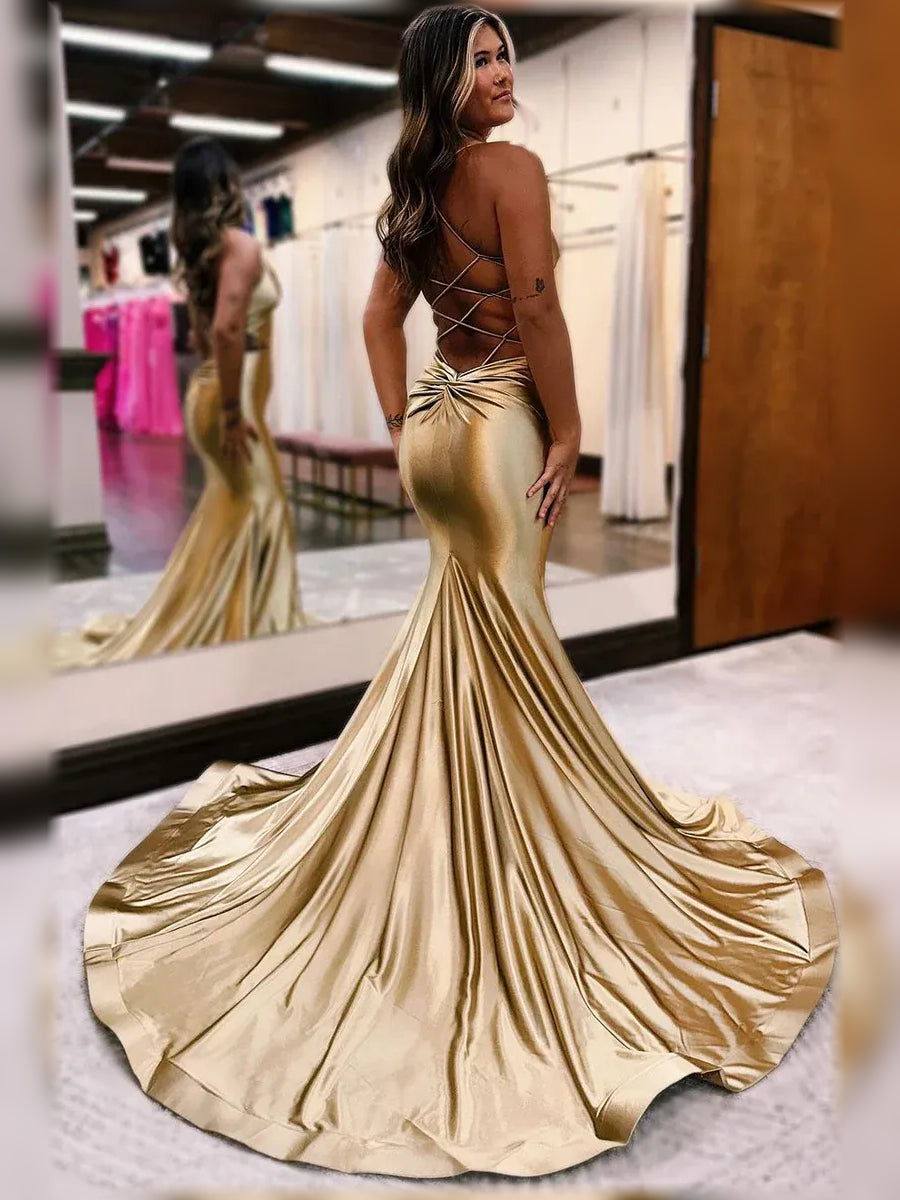 Gold mermaid floor-length formal dress with cutout detail, alternate view