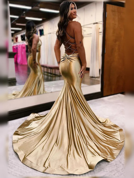 Gold mermaid floor-length formal dress with cutout detail, alternate view