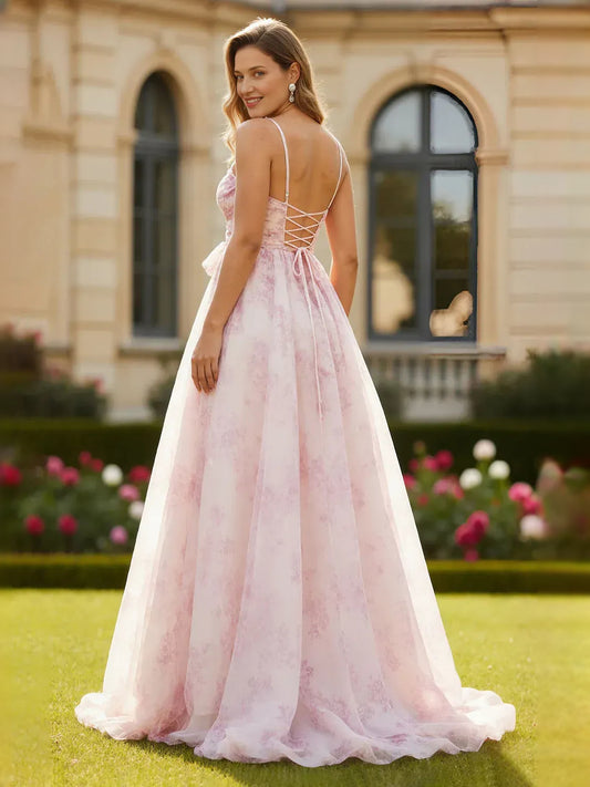 Blush Pink floor-length prom dress, back view showing the rear of the dress