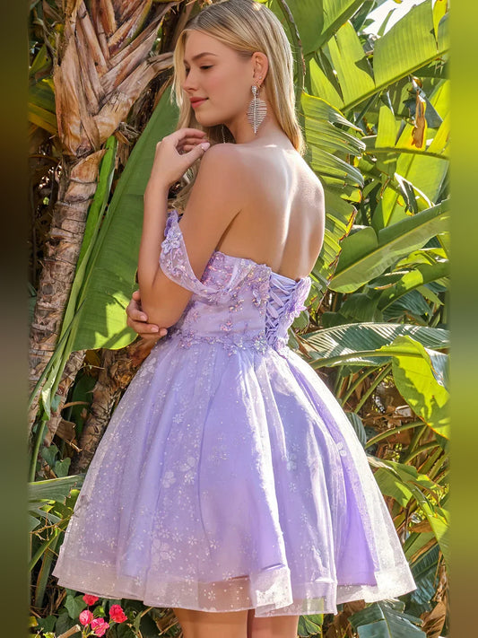 Lilac mini homecoming dress, back view showing the rear of the dress