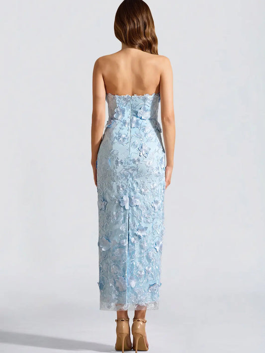 Sky Blue mermaid midi formal dress with floral appliqué, alternate view