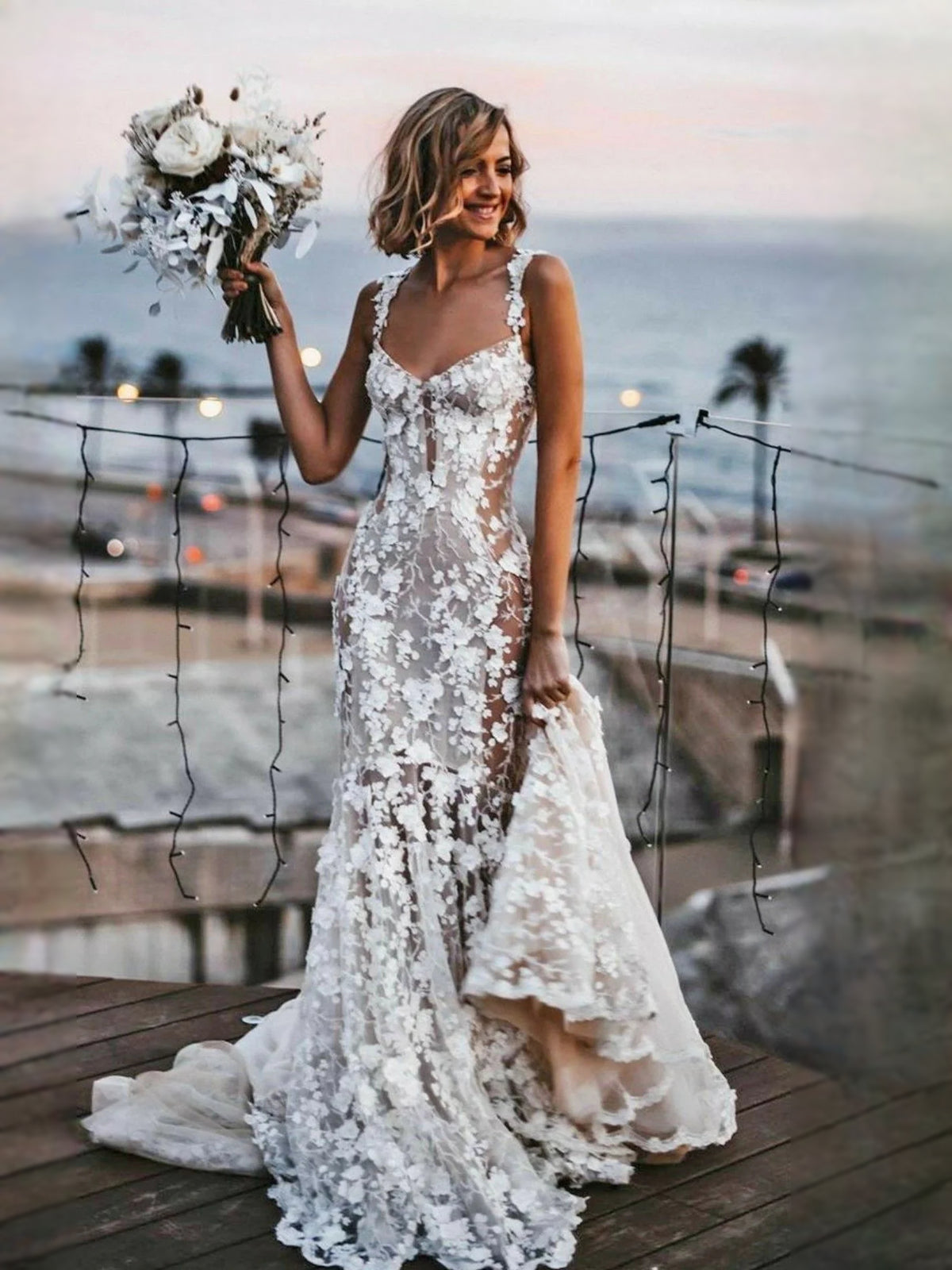 Ivory floor-length wedding dress, alternate view showing the bodice and skirt