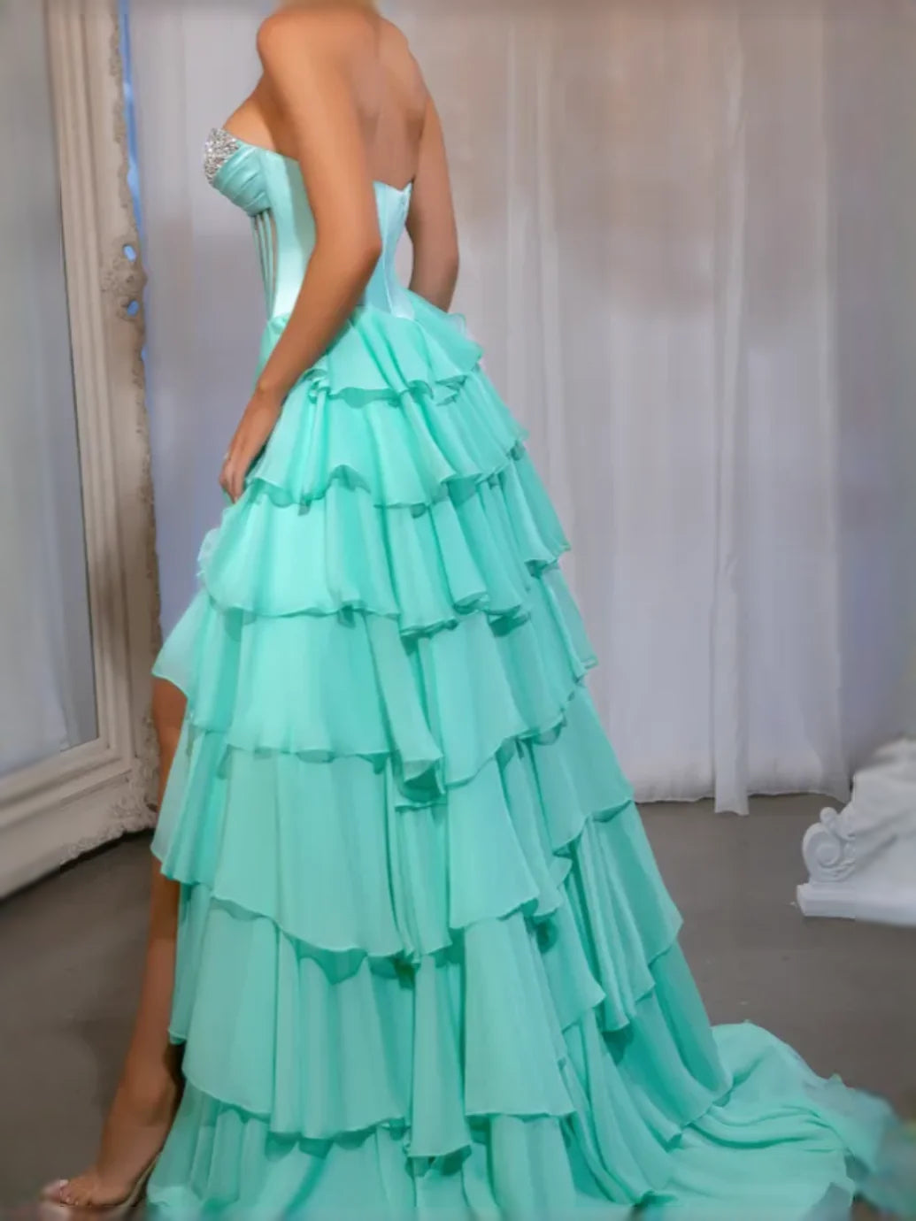 Turquoise floor-length prom dress, alternate view showing the bodice and skirt