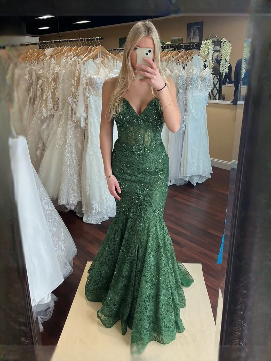 Emerald Green maxi prom dress, back view showing the rear of the dress