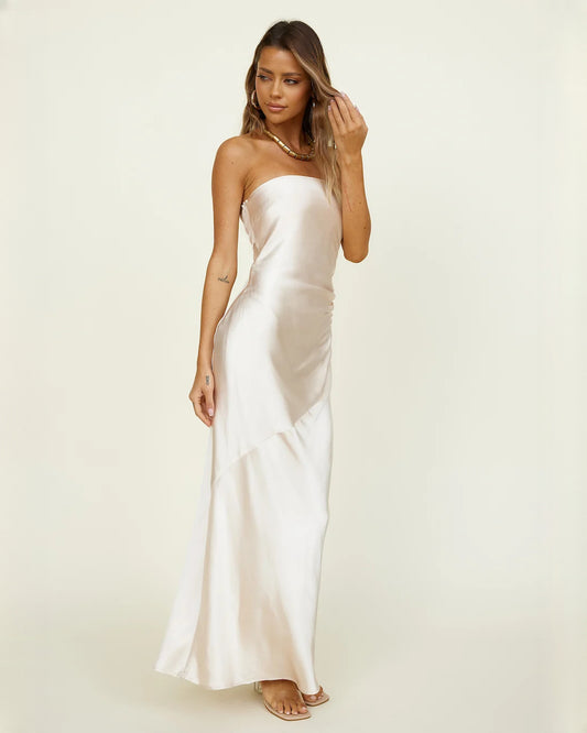 sleeveless satin a-line maxi bridesmaid dress - image 2