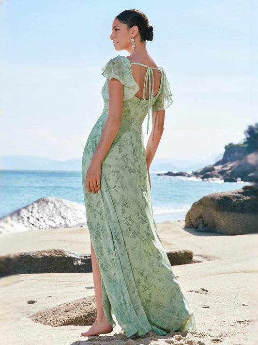Mint Green maxi bridesmaid dress, alternate view showing the bodice and skirt