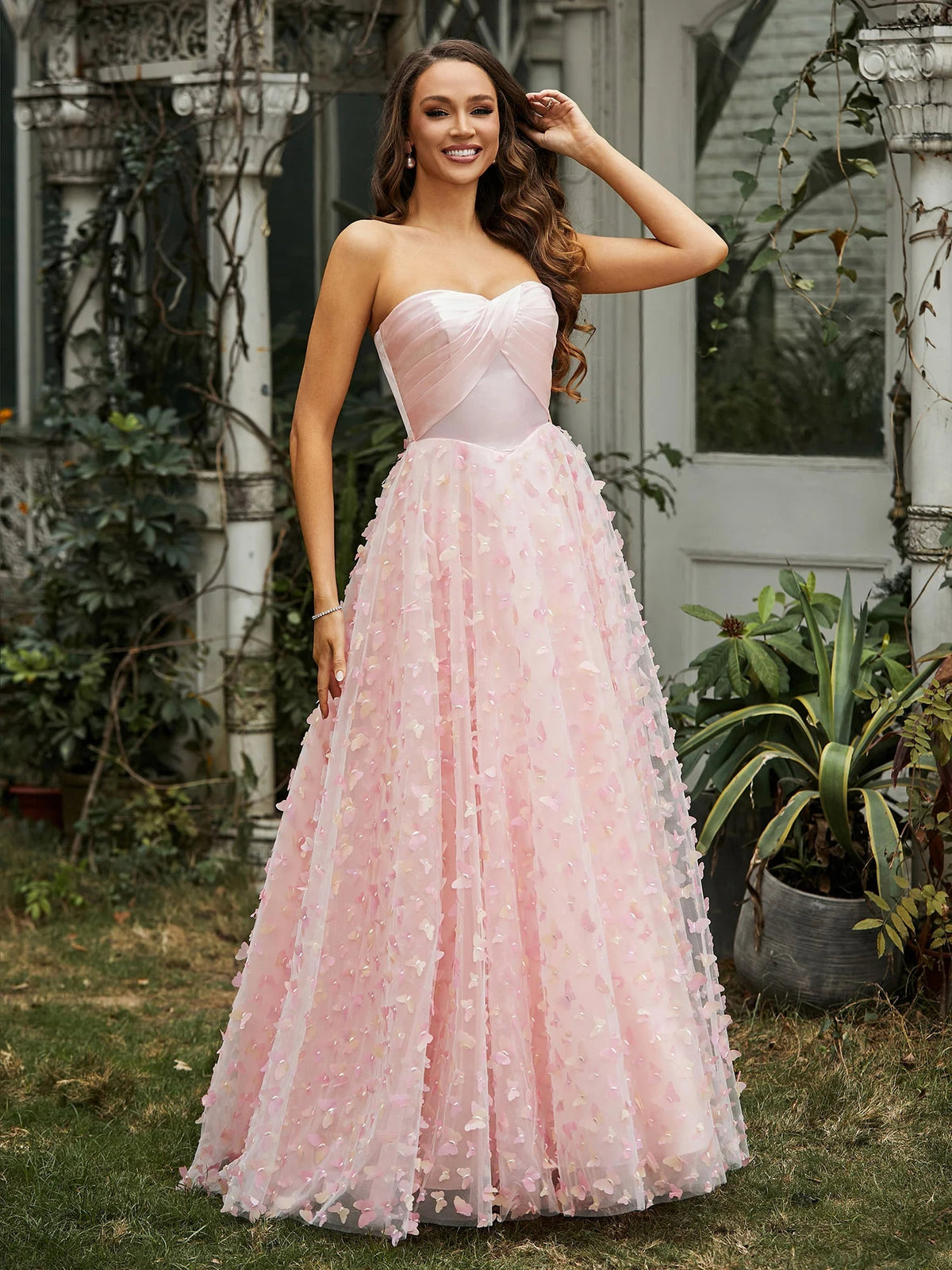 Pink floor-length prom dress, alternate view showing the bodice and skirt