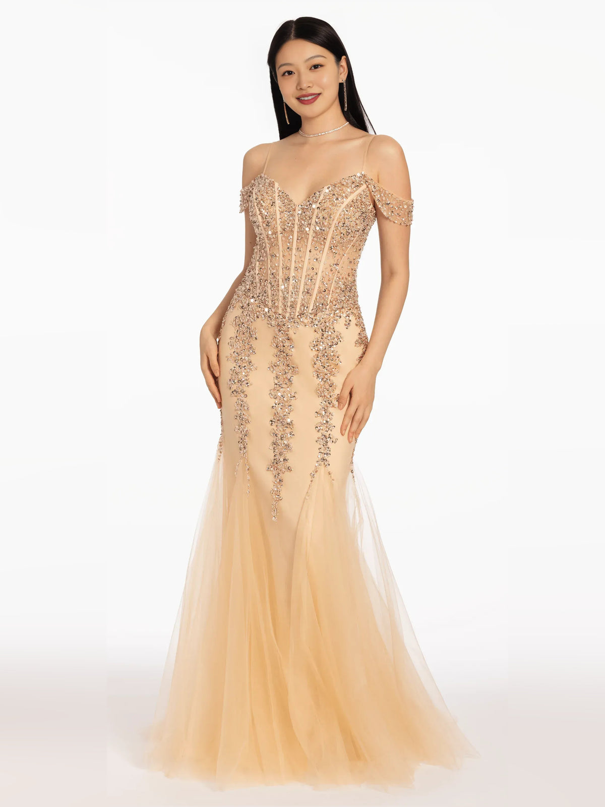 Gold floor-length prom dress, alternate view showing the bodice and skirt