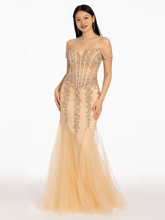 Gold floor-length prom dress, alternate view showing the bodice and skirt