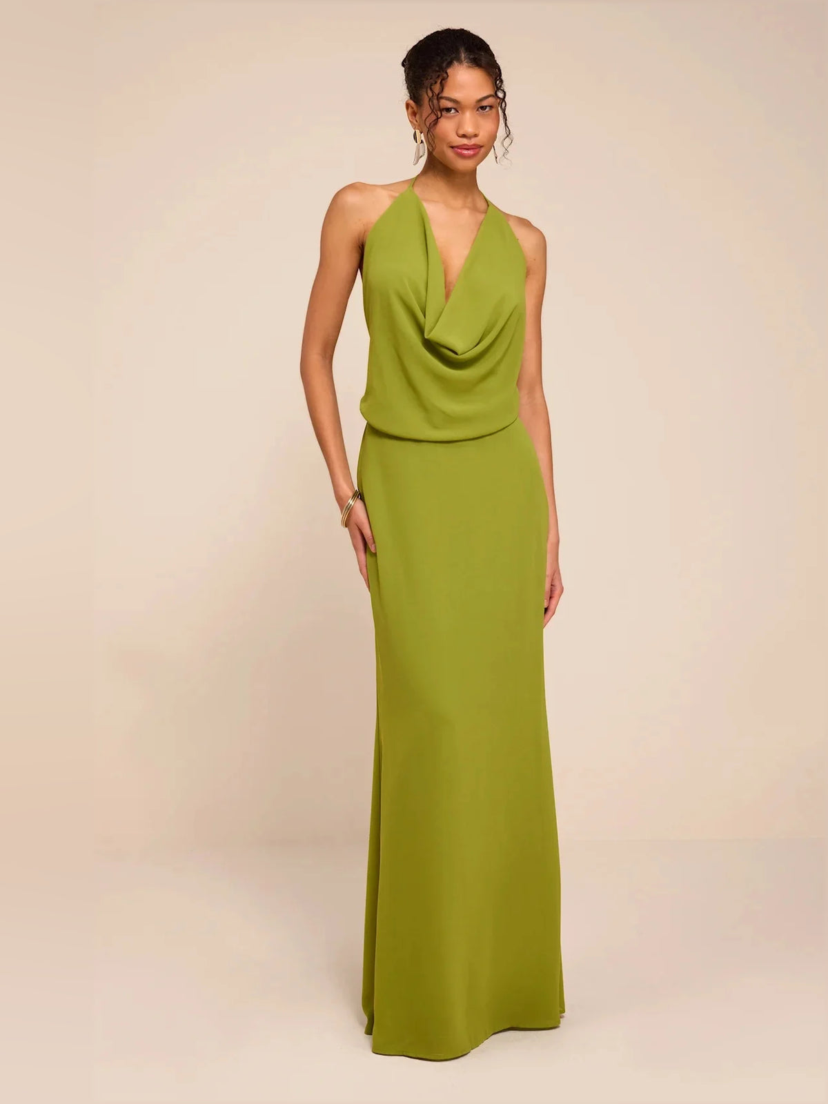 Olive Green maxi bridesmaid dress, alternate view showing the bodice and skirt