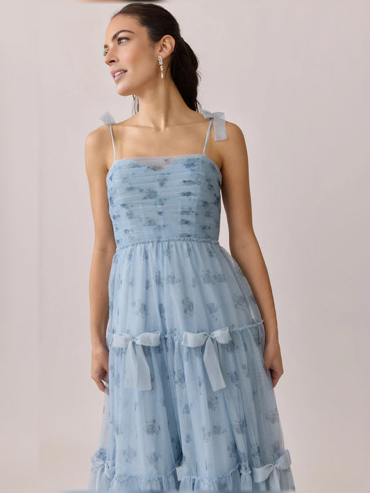 Sky Blue a-line floor-length formal dress with tiered skirt, alternate view