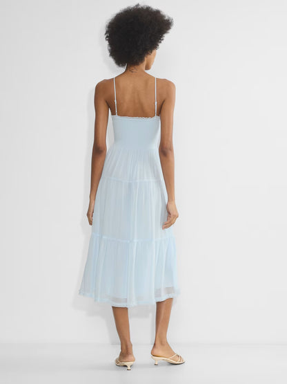 Orange midi formal dress with tiered skirt, alternate view