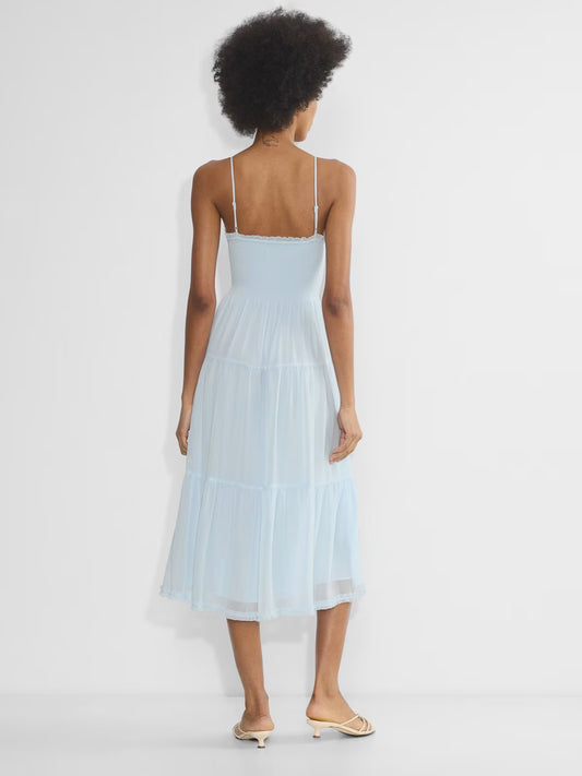 Orange midi formal dress with tiered skirt, alternate view