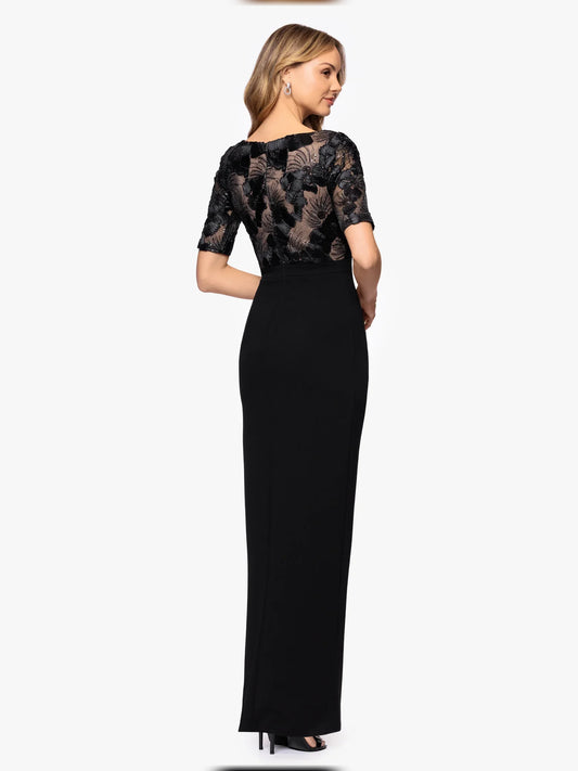 Black floor-length mother of the bride dress, alternate view showing the bodice and skirt
