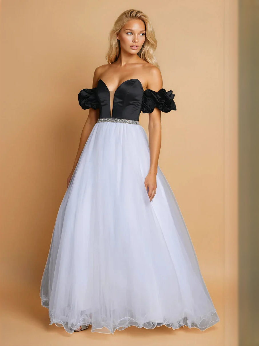 White floor-length prom dress, alternate view showing the bodice and skirt