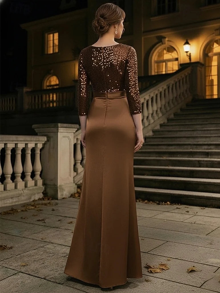 Chocolate floor-length mother of the bride dress, alternate view showing the bodice and skirt