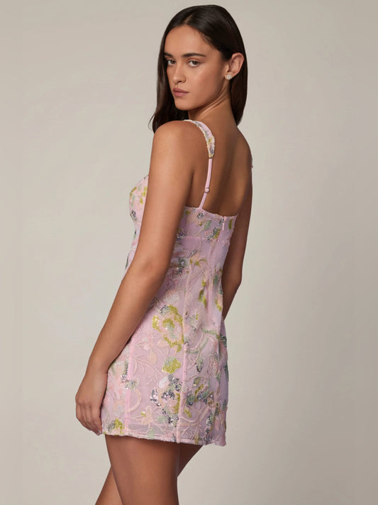 Pink mini homecoming dress, alternate view showing the bodice and skirt