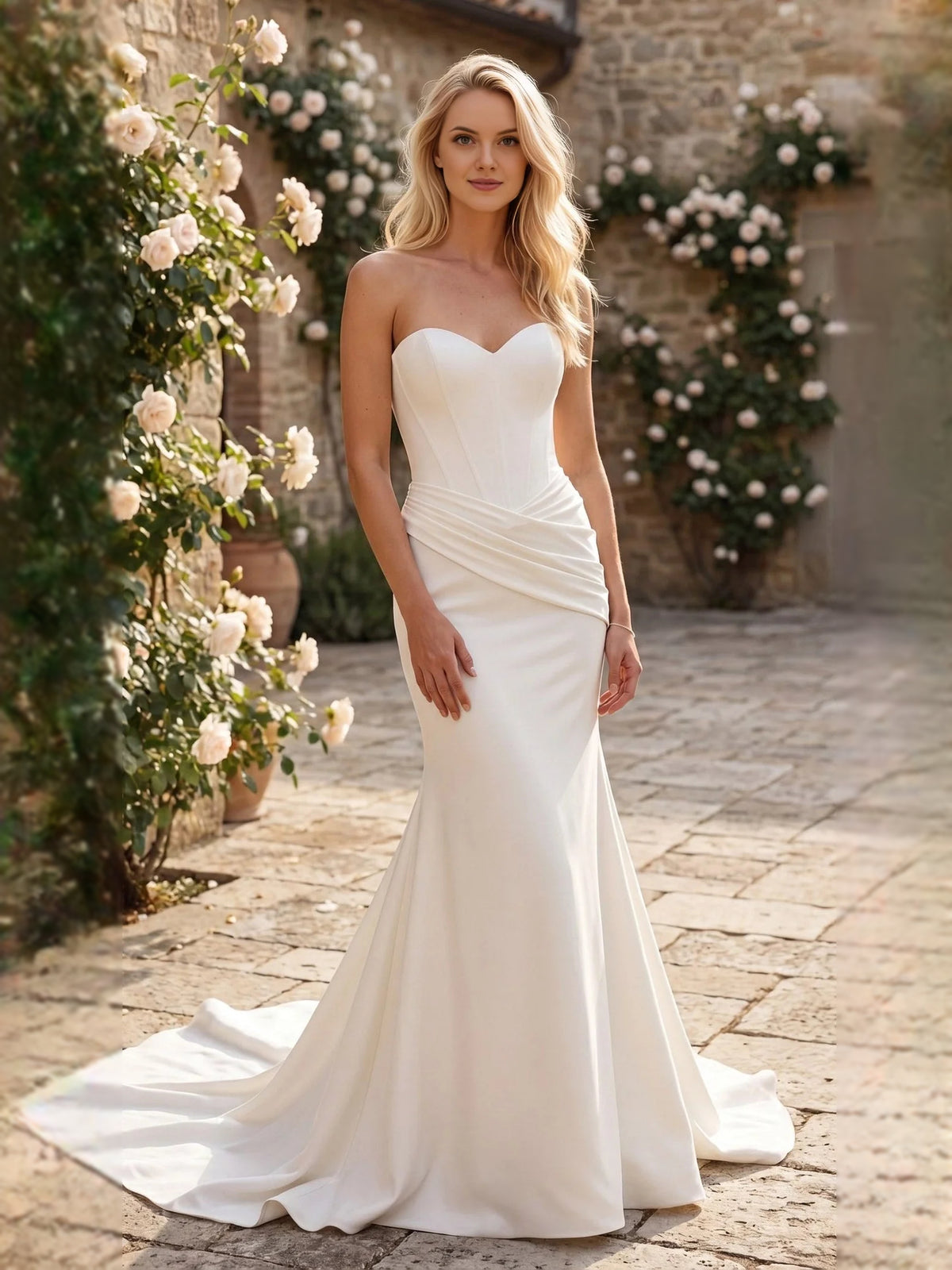 Ivory floor-length wedding dress, alternate view showing the bodice and skirt