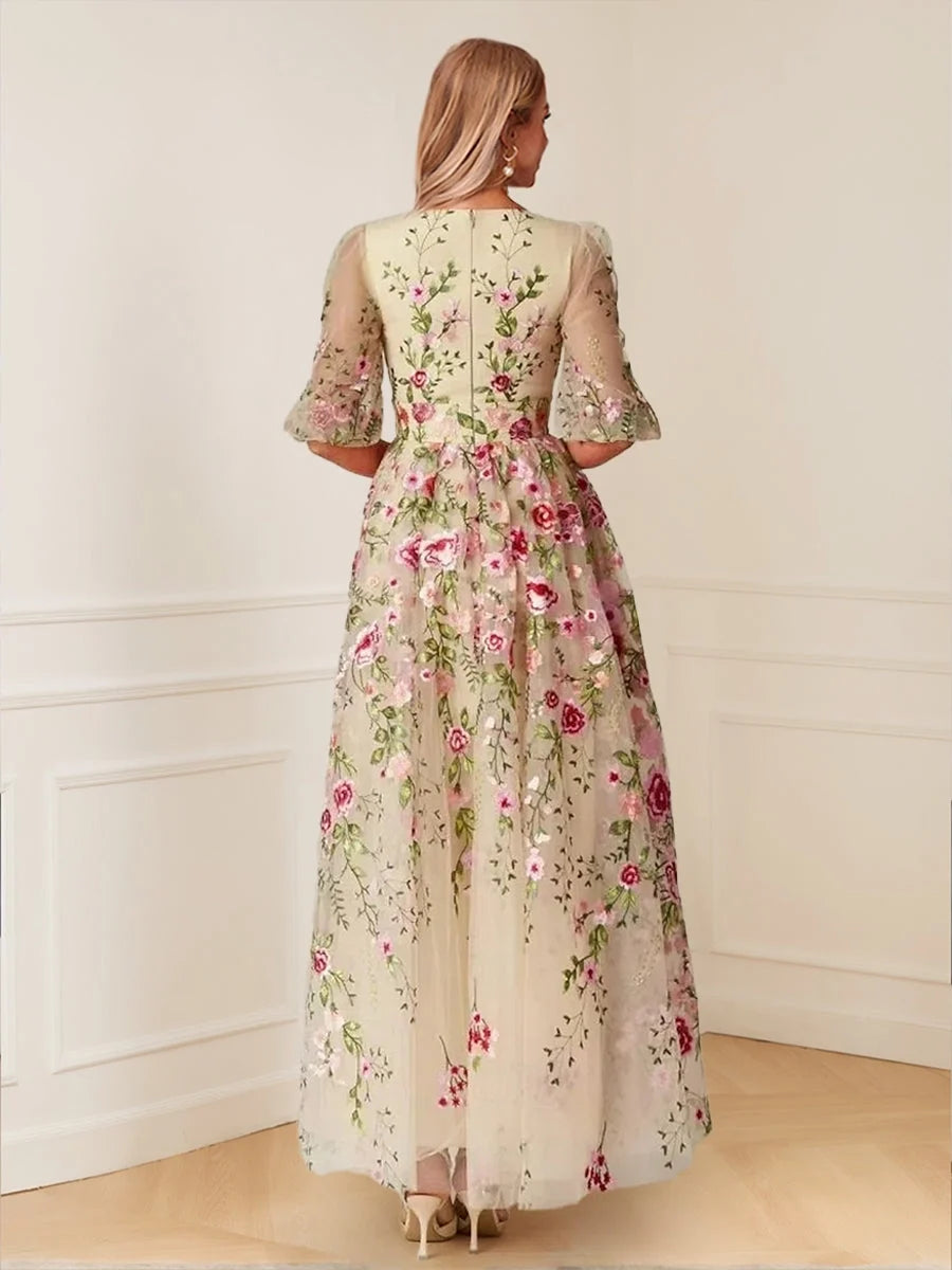Champagne maxi mother of the bride dress, alternate view showing the bodice and skirt