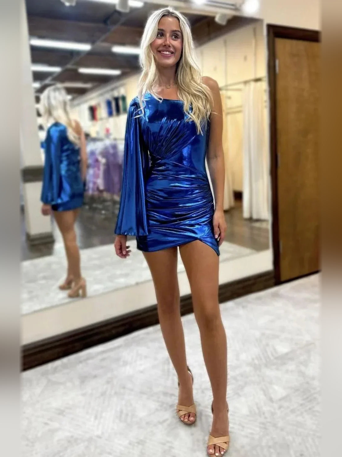 Royal Blue short homecoming dress, back view showing the rear of the dress