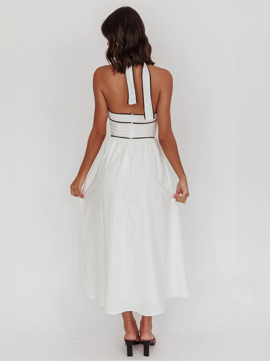 White a-line midi formal dress, full-length back view