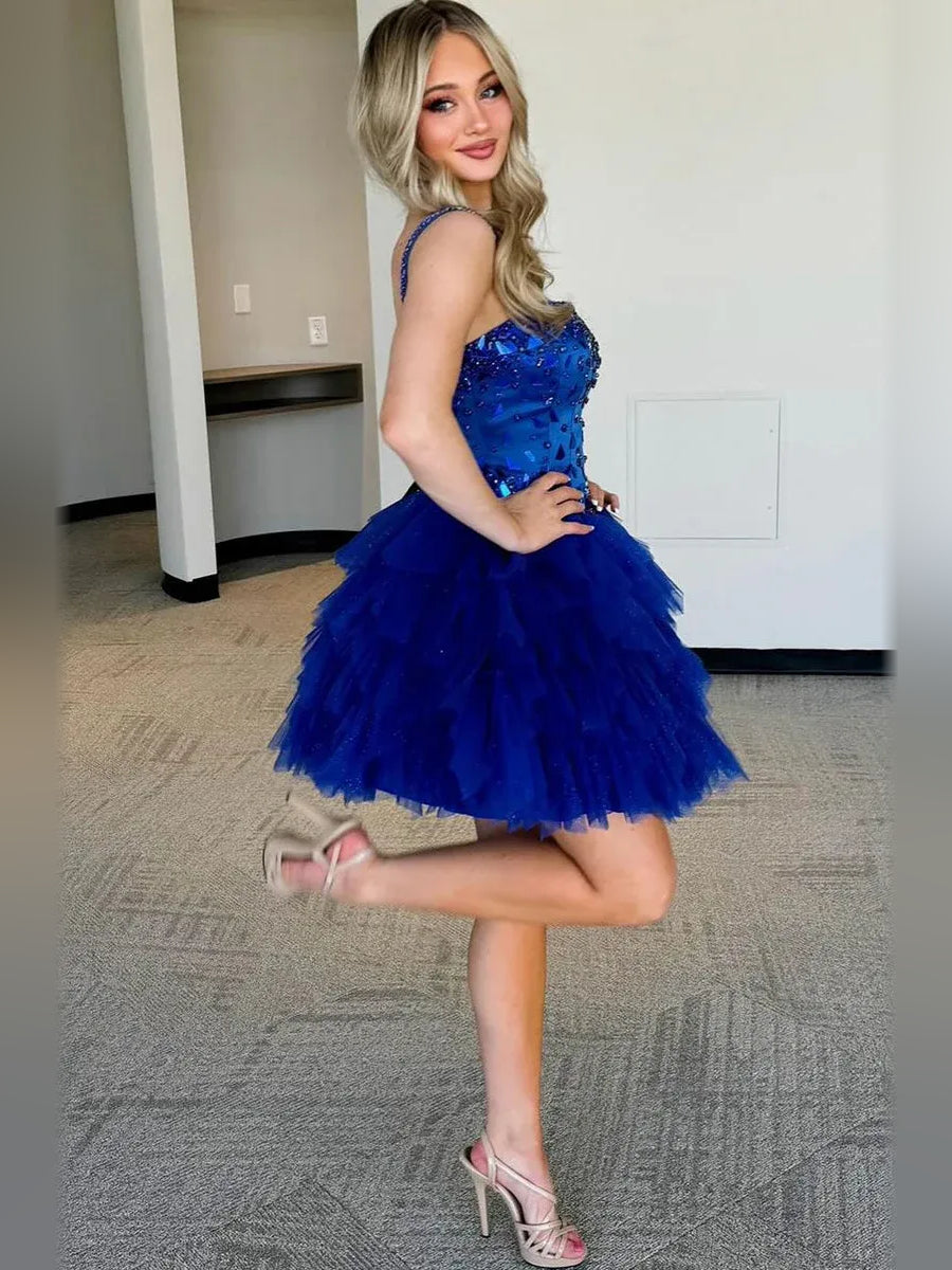 Royal Blue mini homecoming dress, back view showing the rear of the dress