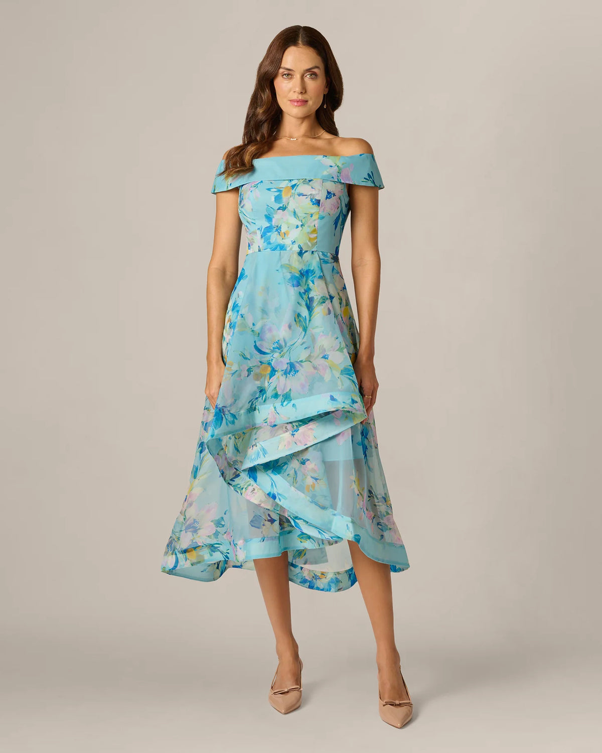 off-shoulder a-line midi mother of the bride dress - image 2