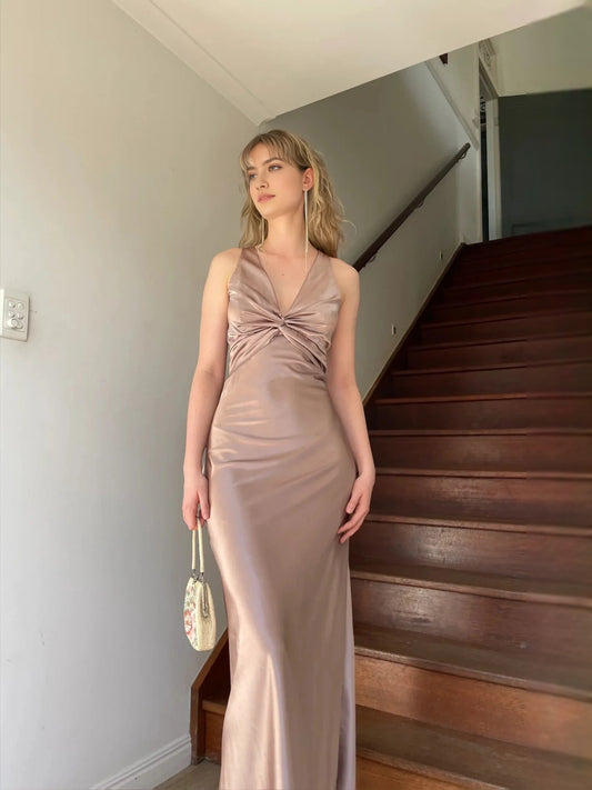 Taupe floor-length bridesmaid dress, alternate view showing the bodice and skirt