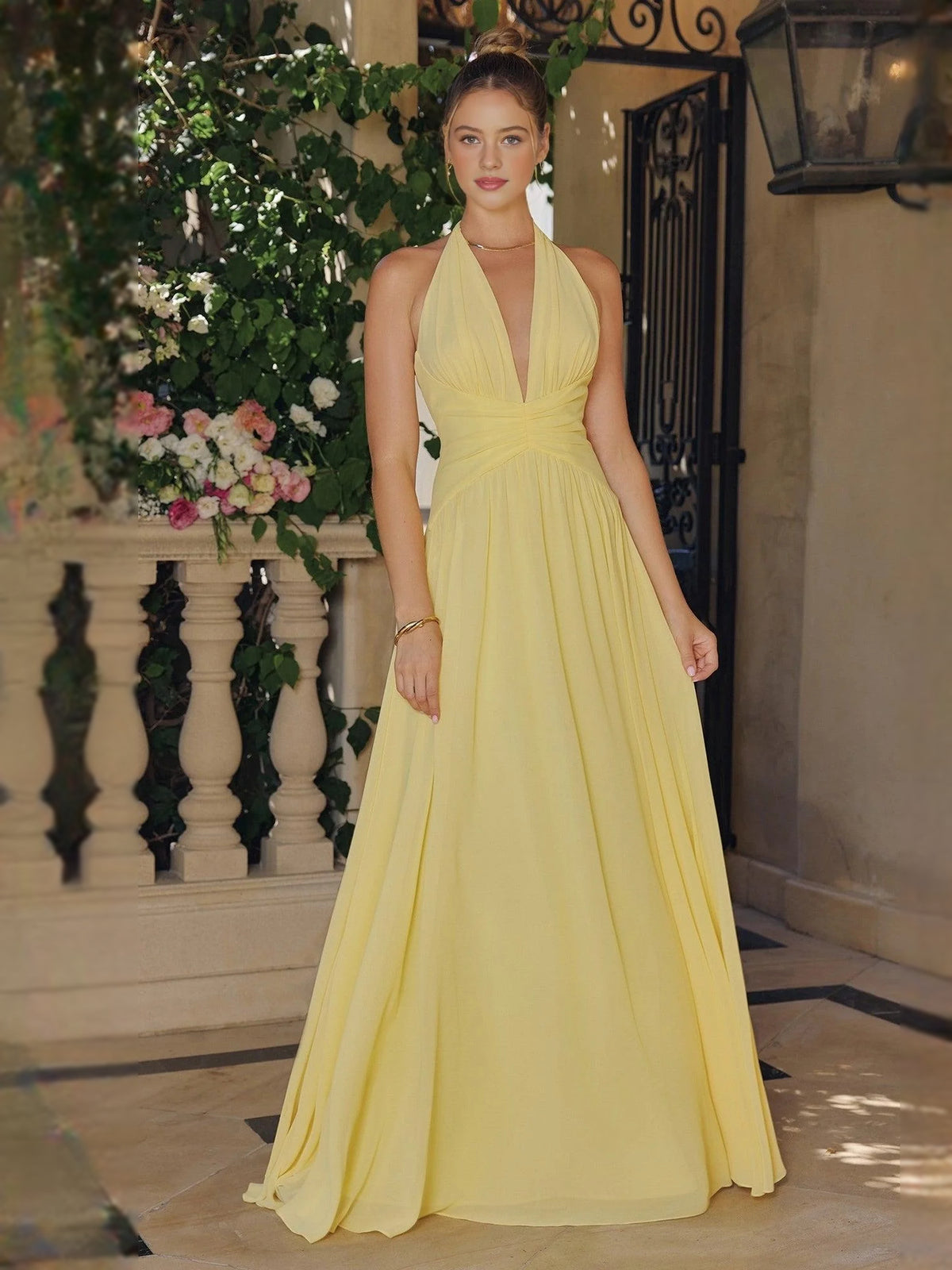 Lemon floor-length bridesmaid dress, alternate view showing the bodice and skirt