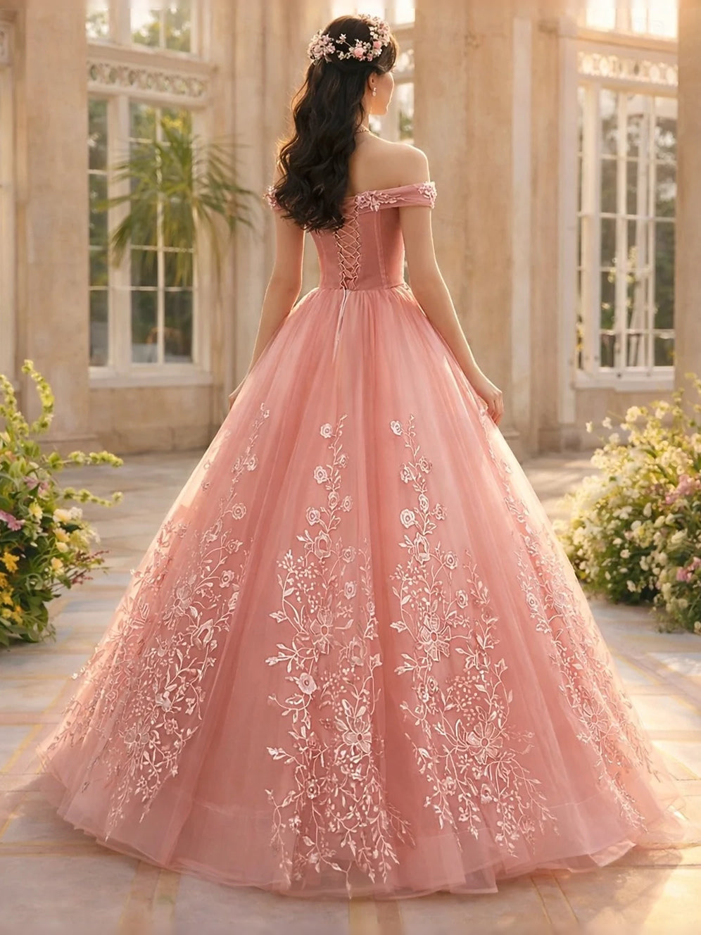 Pearl Pink floor-length prom dress, alternate view showing the bodice and skirt