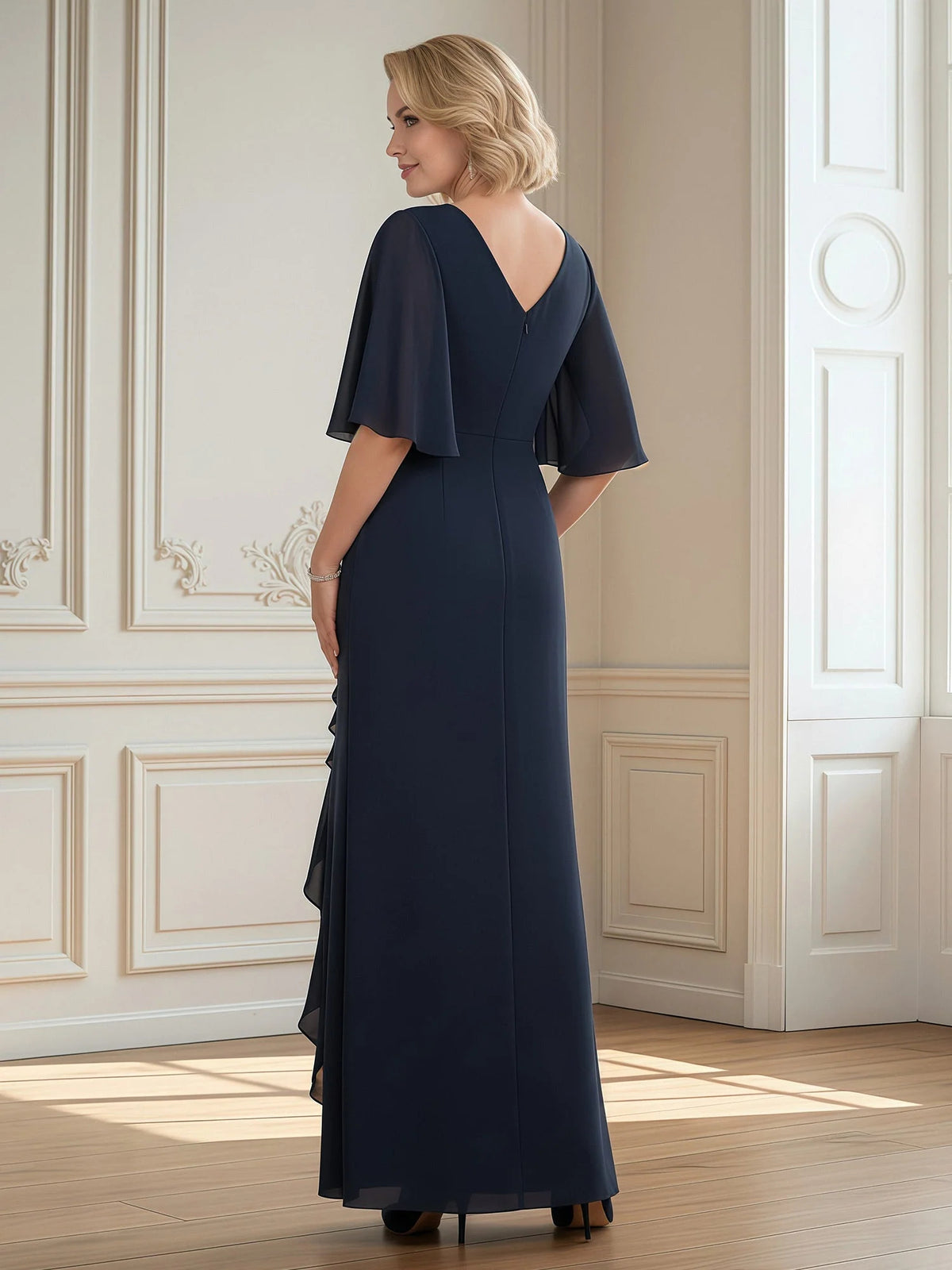 Dark Navy a-line floor-length formal dress with ruching, alternate view
