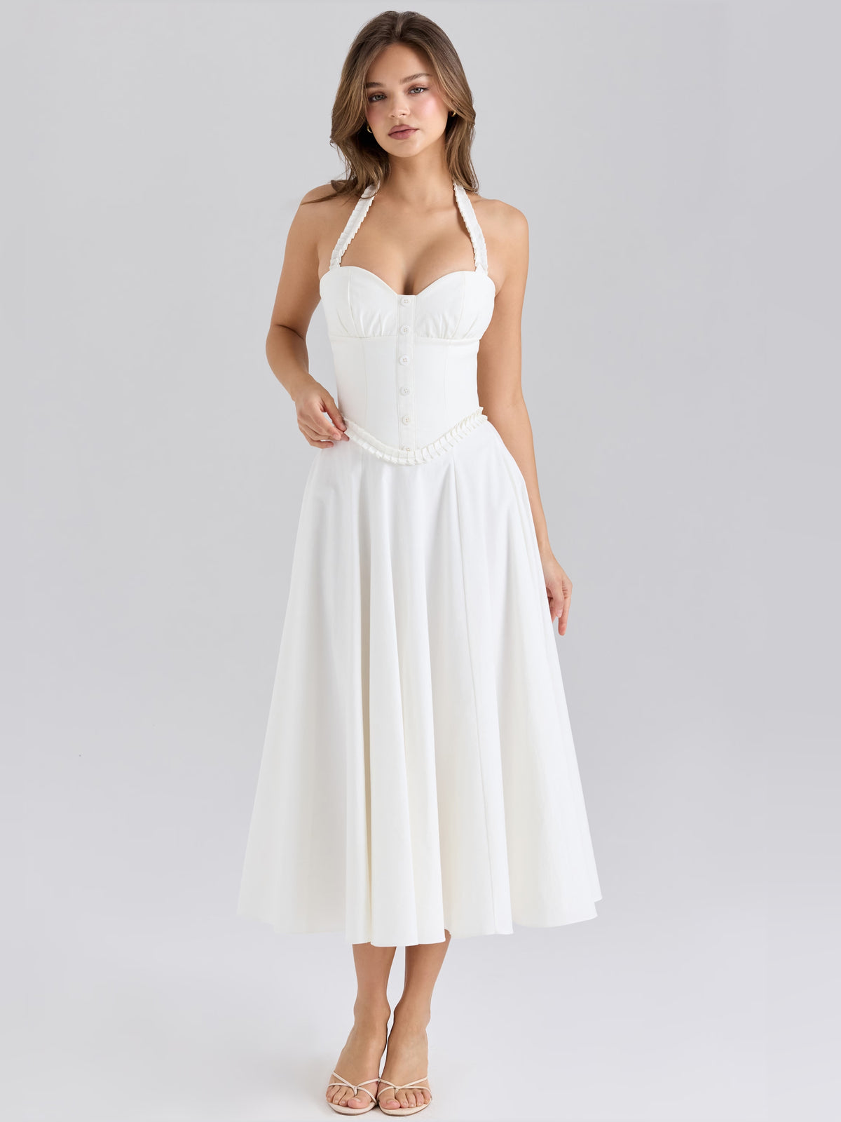 White midi formal dress with halter neckline, alternate view