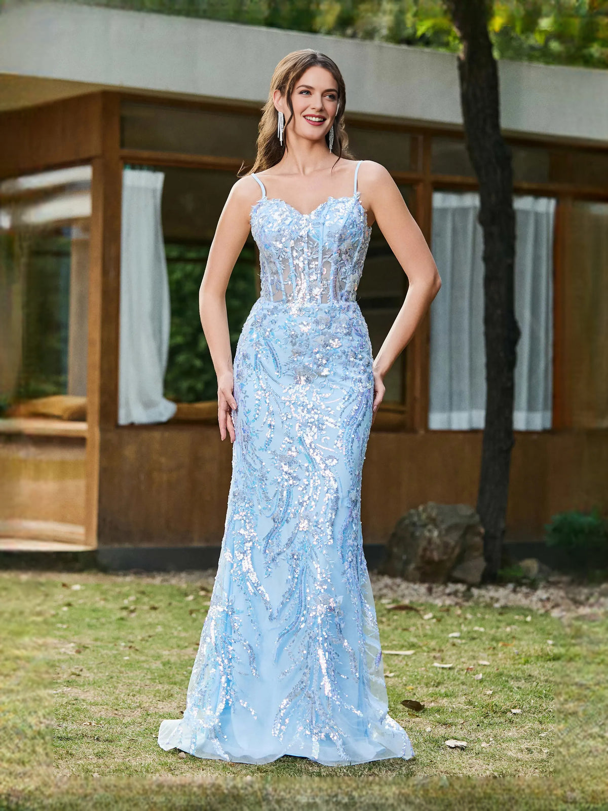 Light Blue floor-length prom dress, alternate view showing the bodice and skirt