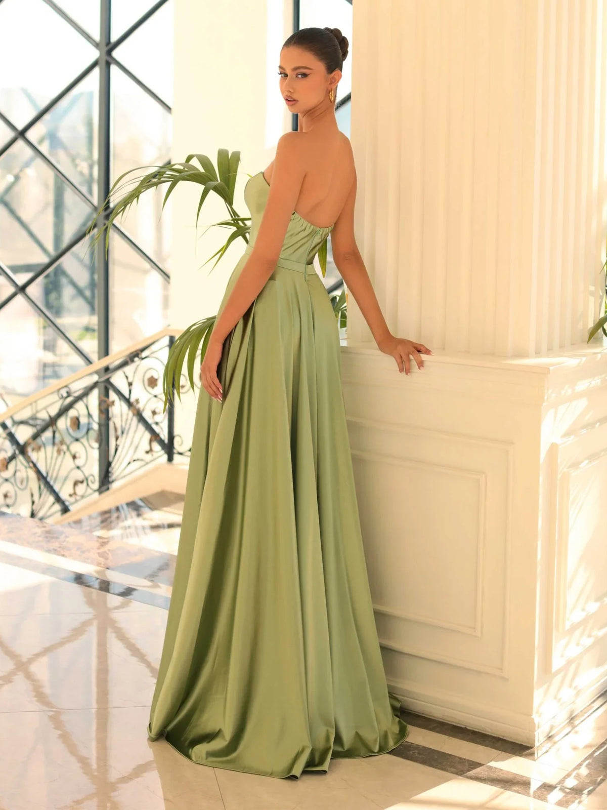 Dusty Sage maxi prom dress, alternate view showing the bodice and skirt
