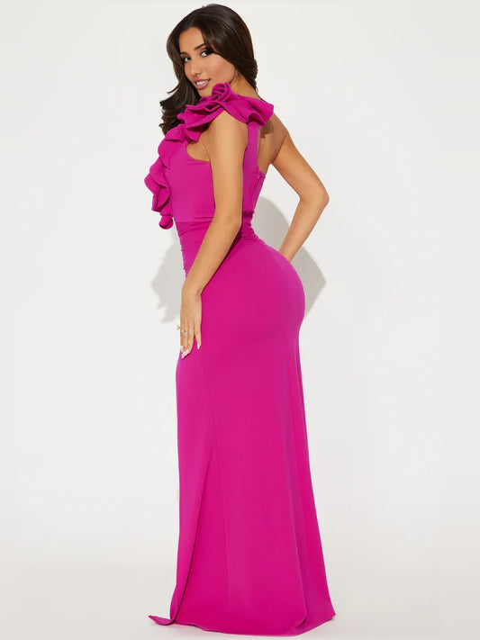 Magenta mermaid floor-length formal dress with ruffle details, alternate view