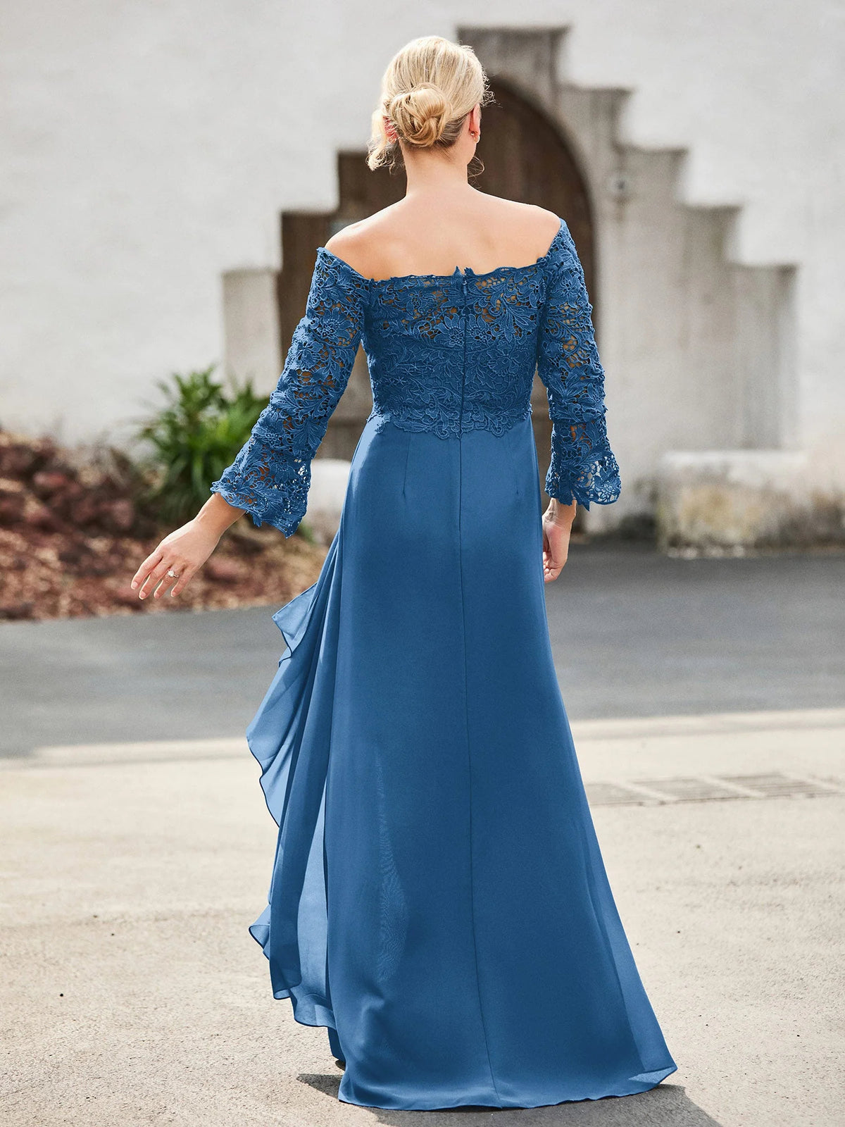 Ink Blue mini mother of the bride dress, alternate view showing the bodice and skirt