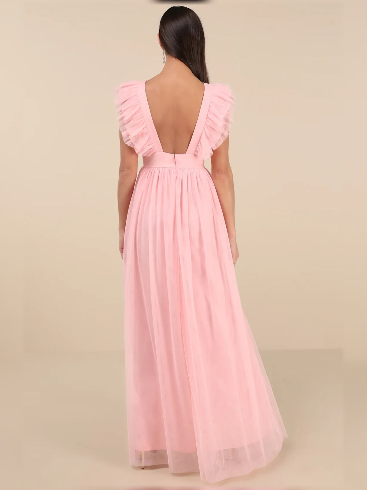 Pink maxi bridesmaid dress, alternate view showing the bodice and skirt