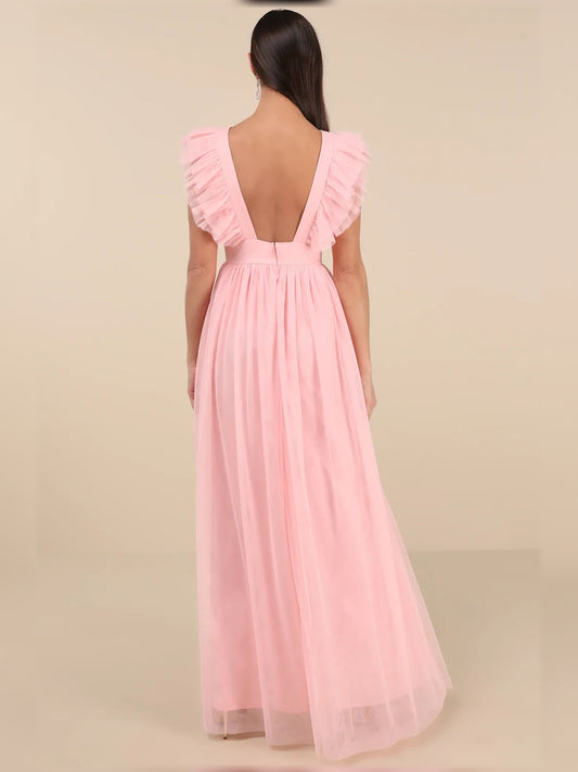 Pink maxi bridesmaid dress, alternate view showing the bodice and skirt