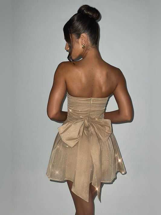 Mocha Gold mini homecoming dress, back view showing the rear of the dress