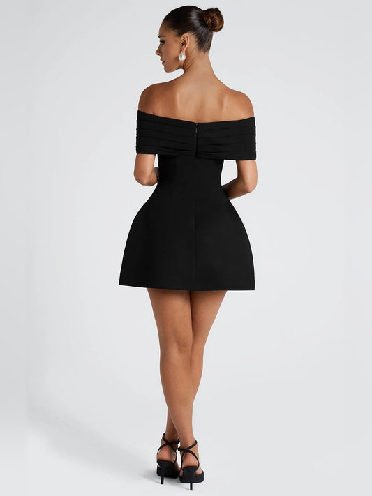 Black mini homecoming dress, alternate view showing the bodice and skirt